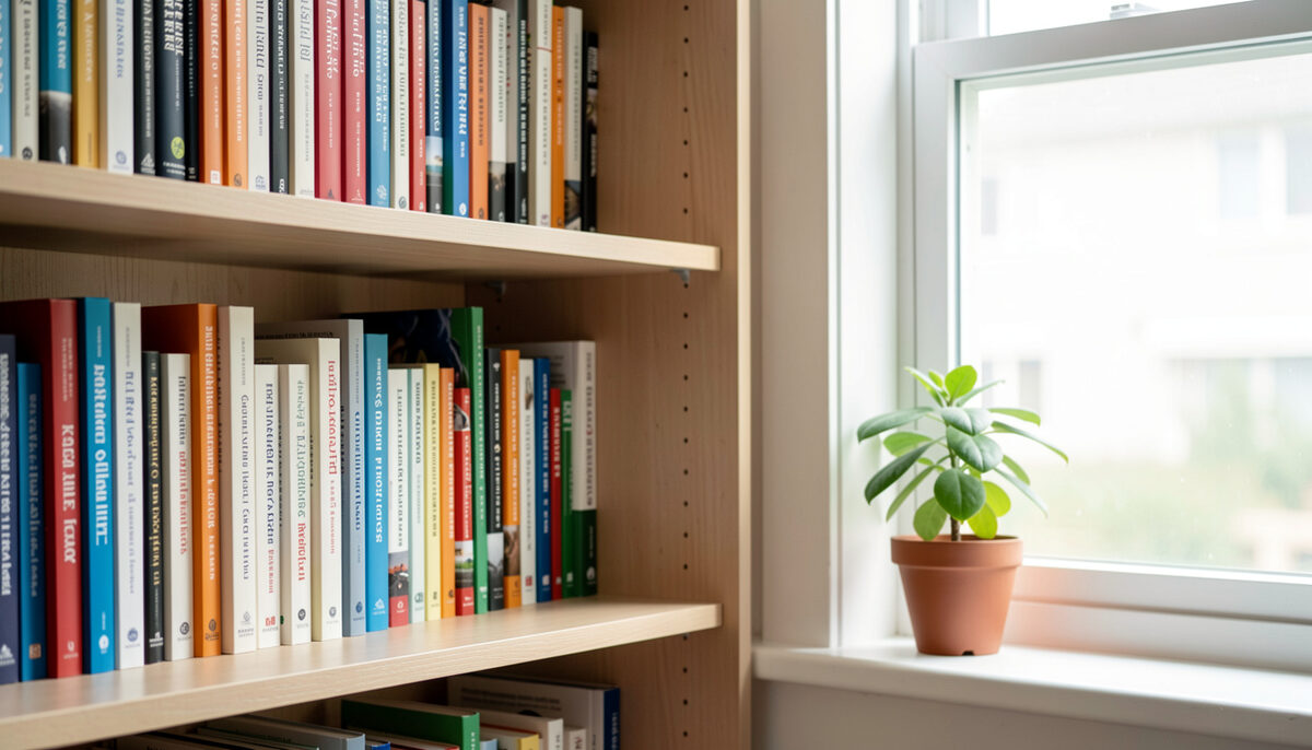 Rows of health reference books on a tidy wooden shelf beside a small potted plant and a bright window