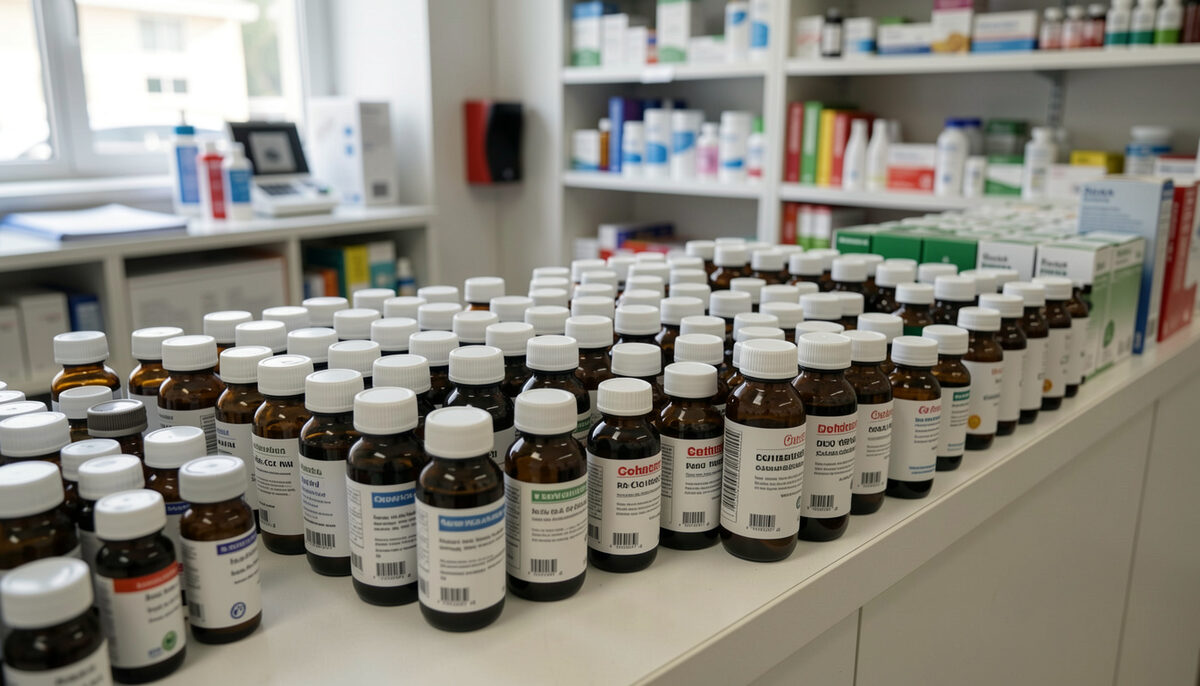 Rows of plain amber and white medicine bottles in varying sizes lined up on a pharmacy counter under even light