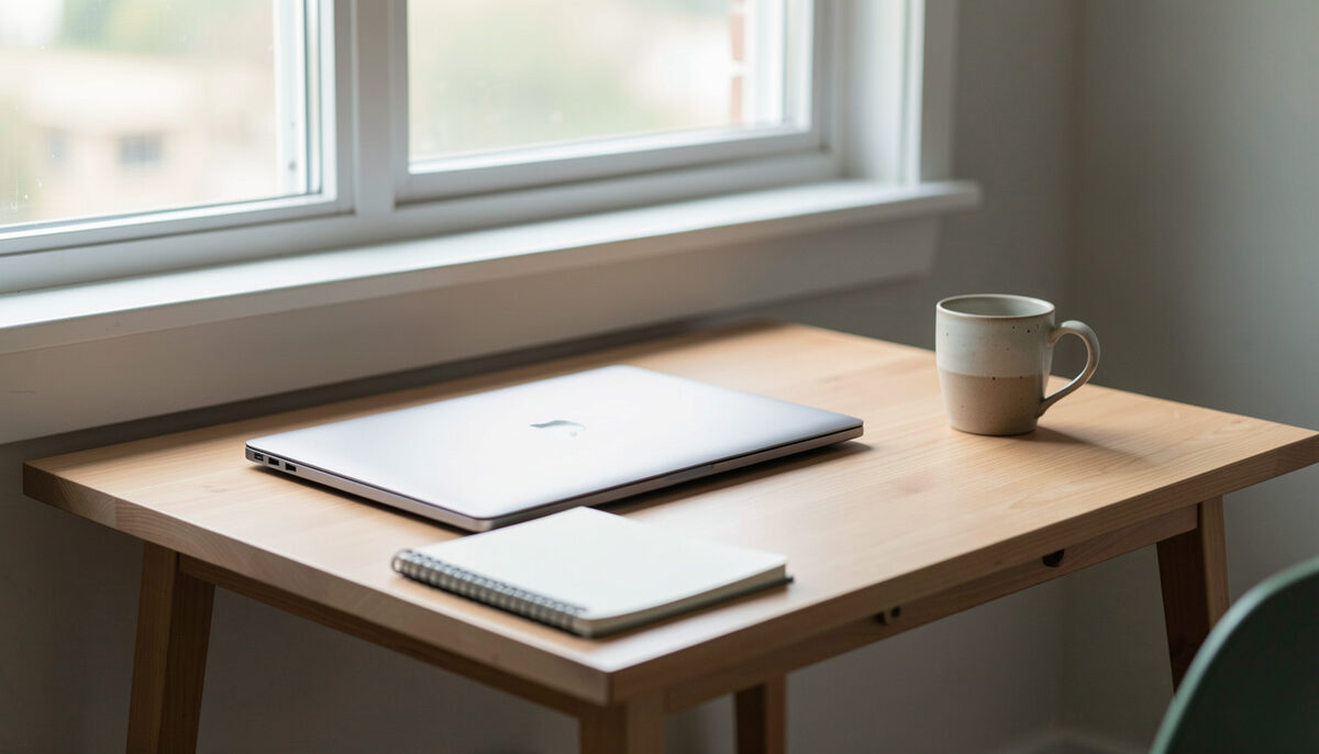 A closed laptop, a notebook and a ceramic mug on a simple desk near a window in soft daylight