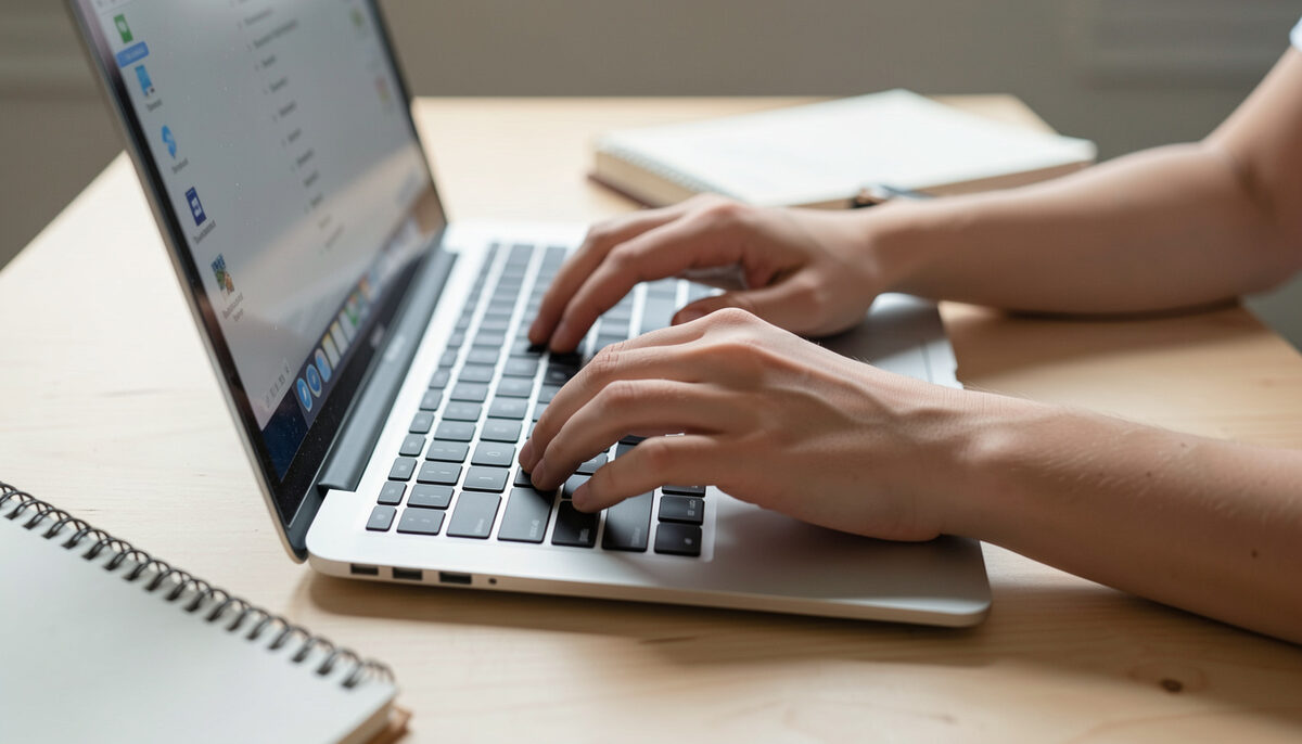Close view of hands typing on a laptop keyboard on a plain wooden desk with a spiral notebook alongside