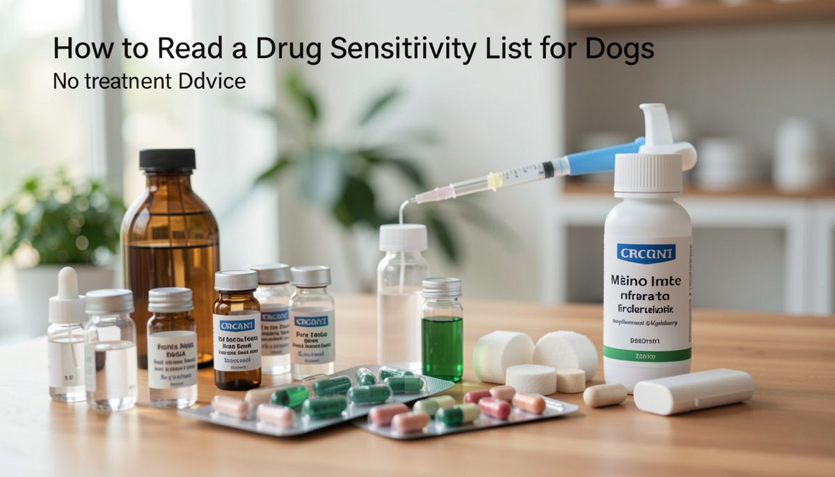 A printed drug list and a pen lying on a veterinary clinic counter beside a coiled dog leash