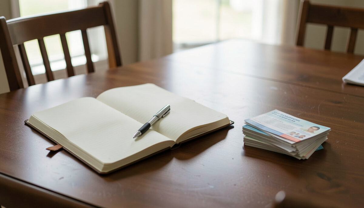 An open notebook and a pen on a dining table next to a small stack of folded health leaflets in daylight