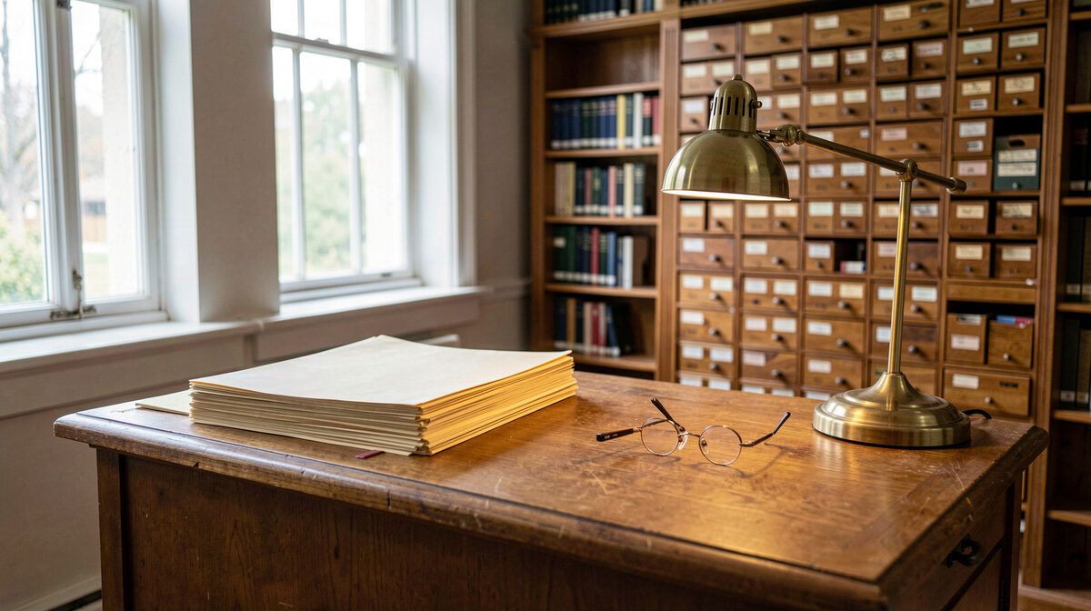 A library reference desk with a wooden card catalogue, a stack of manila folders, a brass lamp and reading glasses in morning light