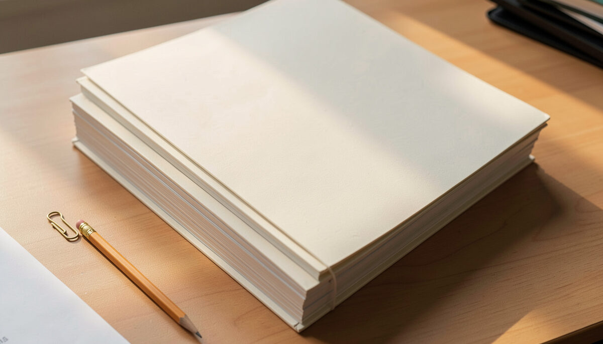 Plain manila archive folders stacked on a desk with a wooden pencil and a brass paper clip, seen from above