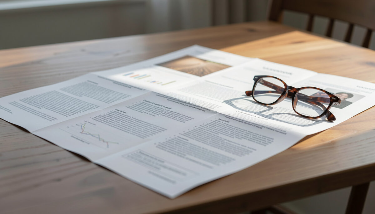 A large paper information sheet unfolded flat on a table beside a pair of reading glasses in daylight