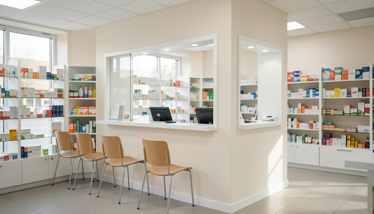 A bright pharmacy interior with a consultation window and empty waiting chairs under clean light