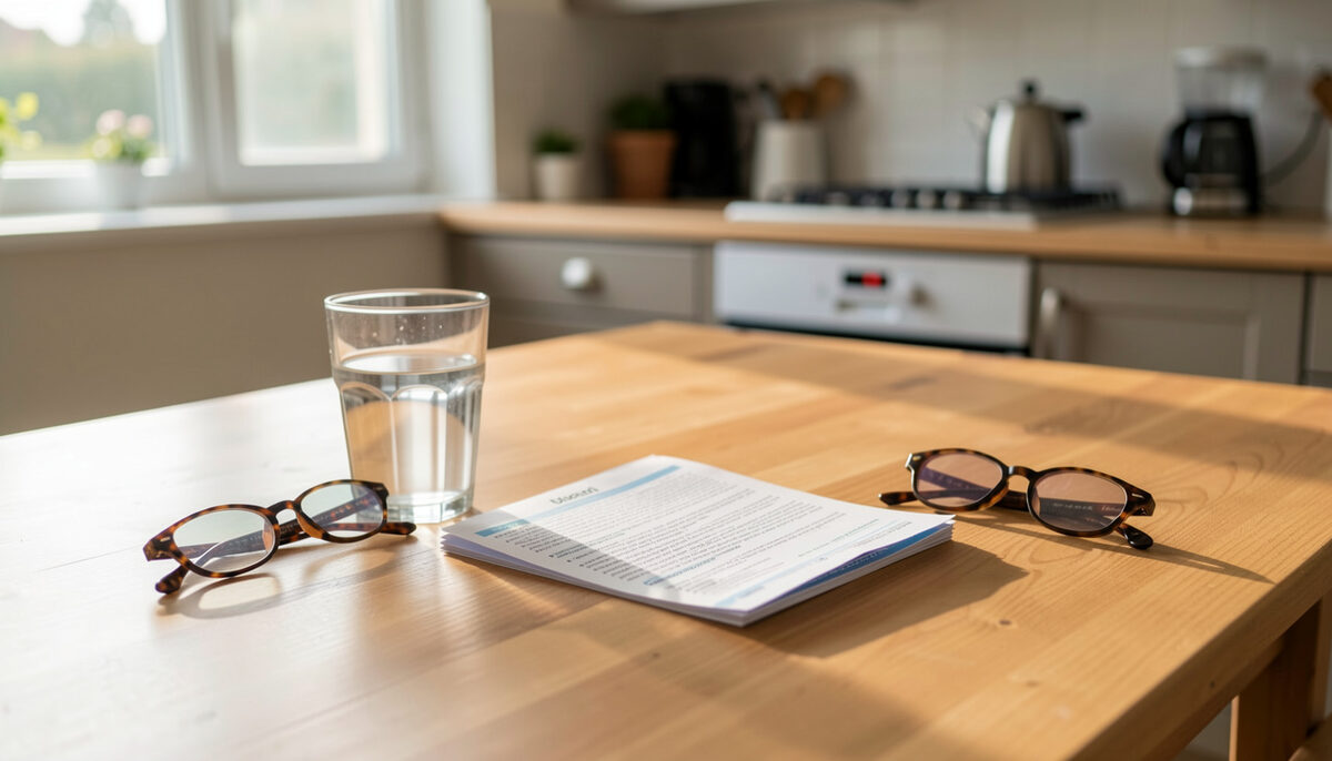 A sunlit kitchen table with a folded medicine leaflet, a glass of water and a pair of reading glasses