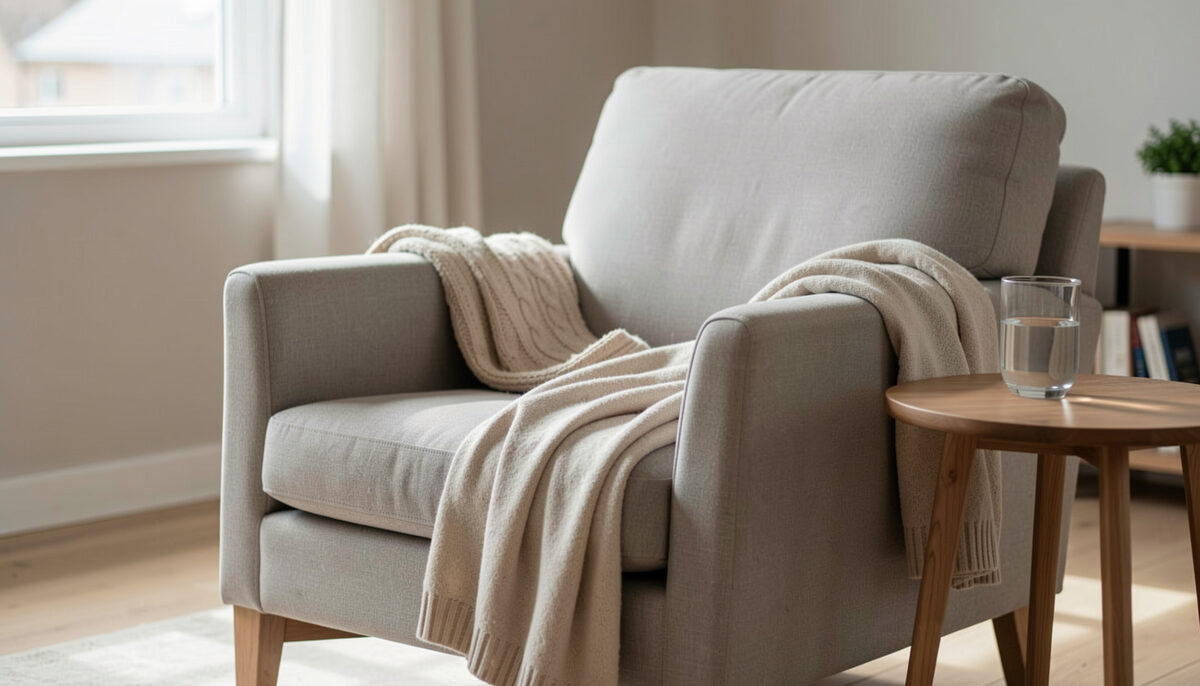 A calm living room armchair with a folded blanket and a small side table holding a glass of water