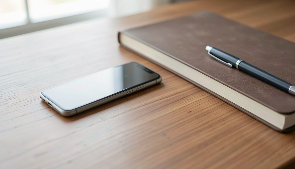 A smartphone lying face down on a wooden table next to a closed notebook and a pen in soft light
